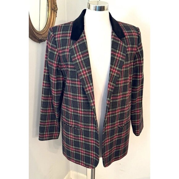 90s Plaid Blazer Jacket L 12 Wool Academia Preppy Velvet Tartan Old Money - Picture 12 of 12